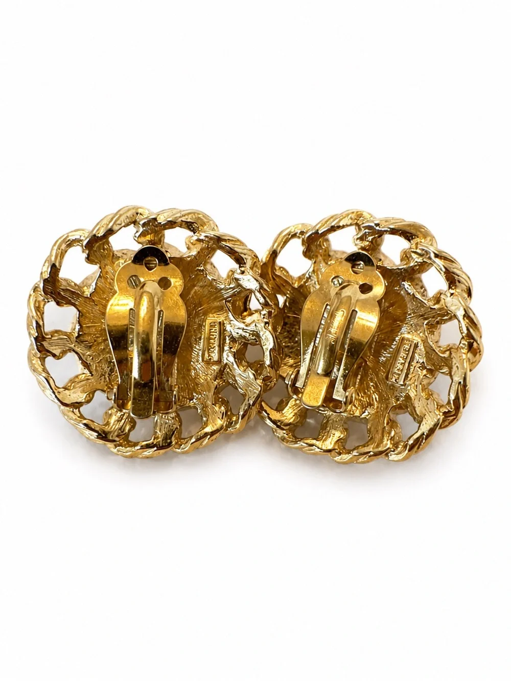 Vintage Trifari Gold Tone Faux Pearl Filigree Clip On Earrings